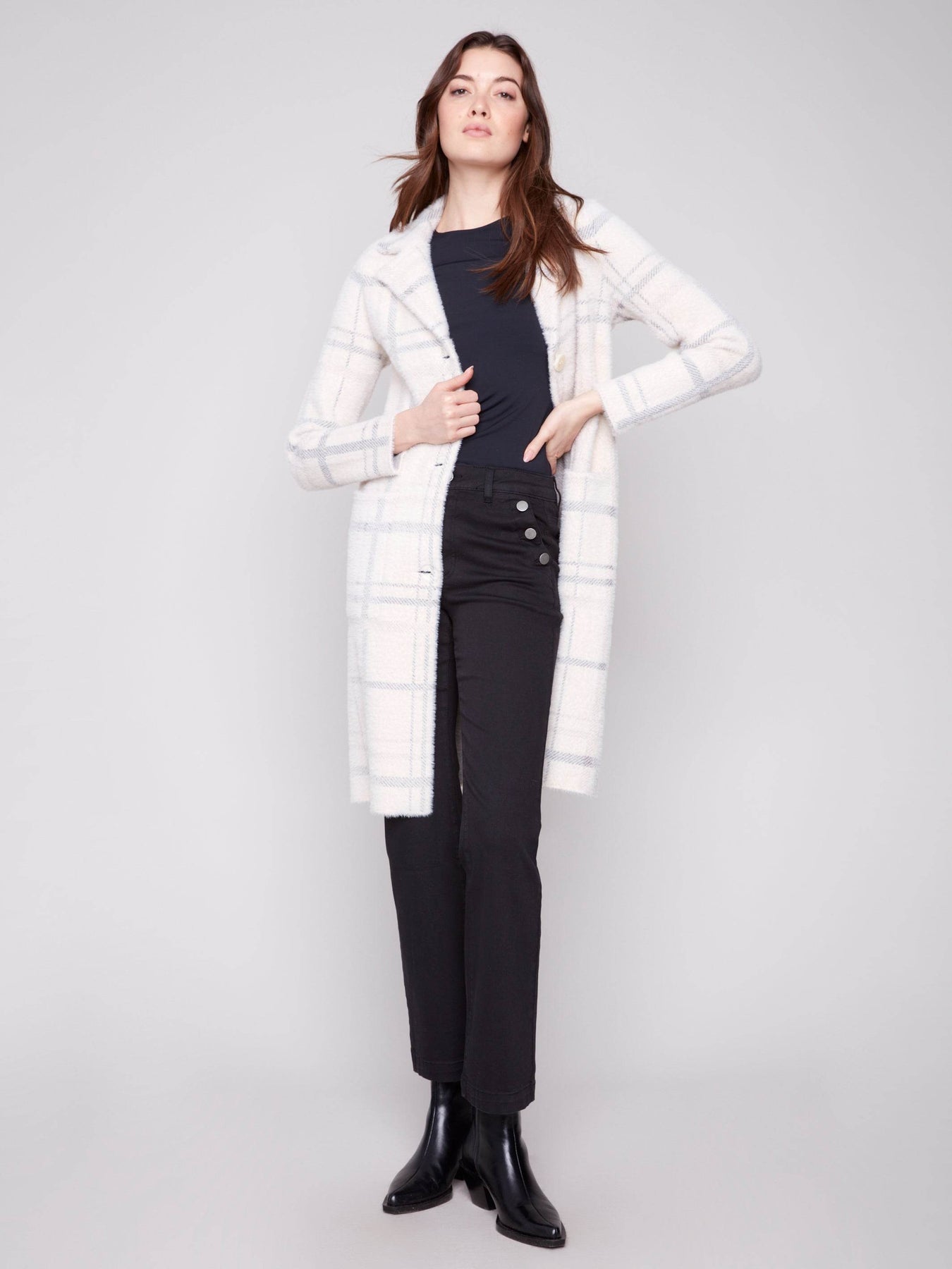 Ivory Plaid Knit Coatigan by Charlie B
