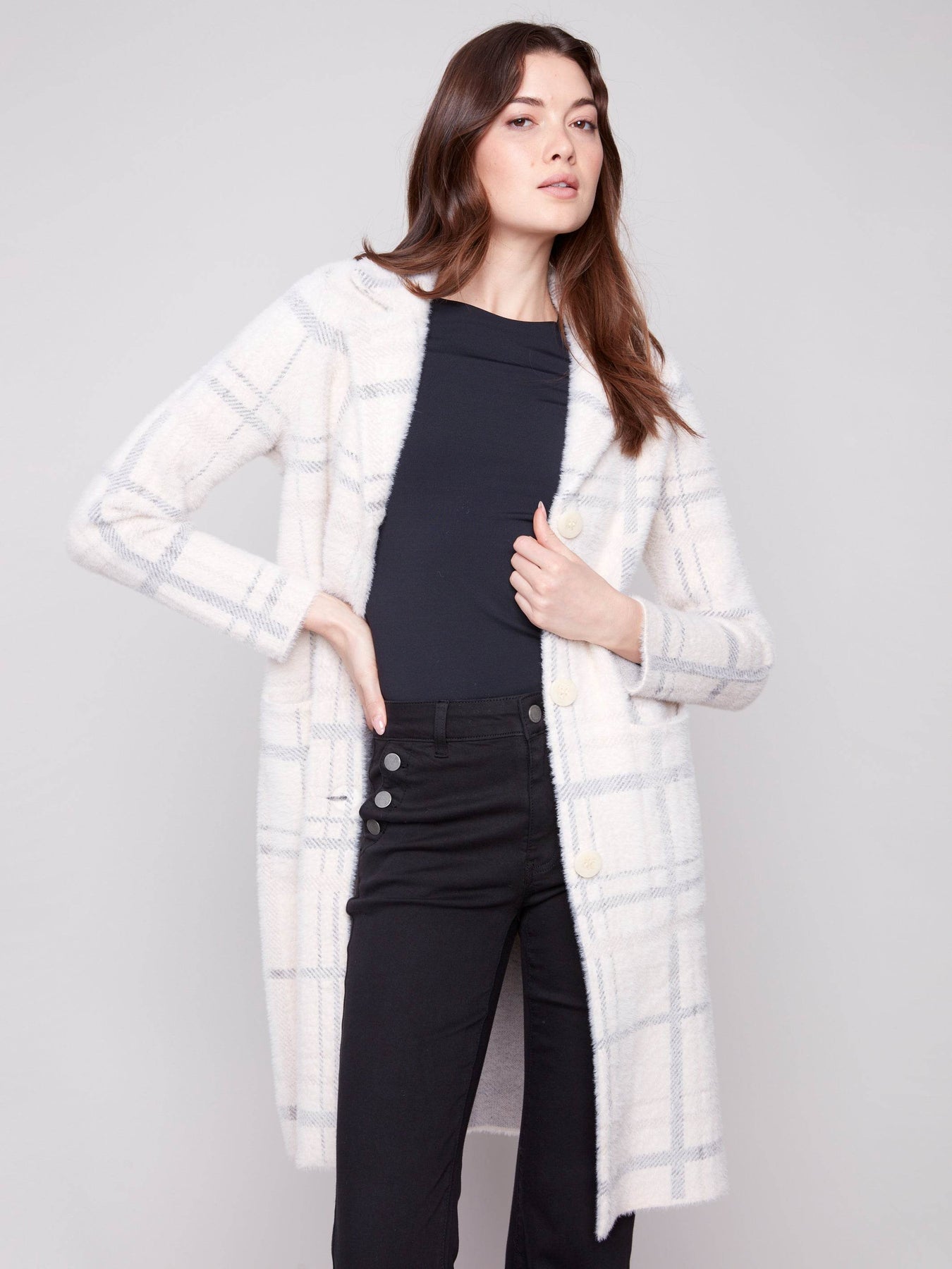 Ivory Plaid Knit Coatigan by Charlie B