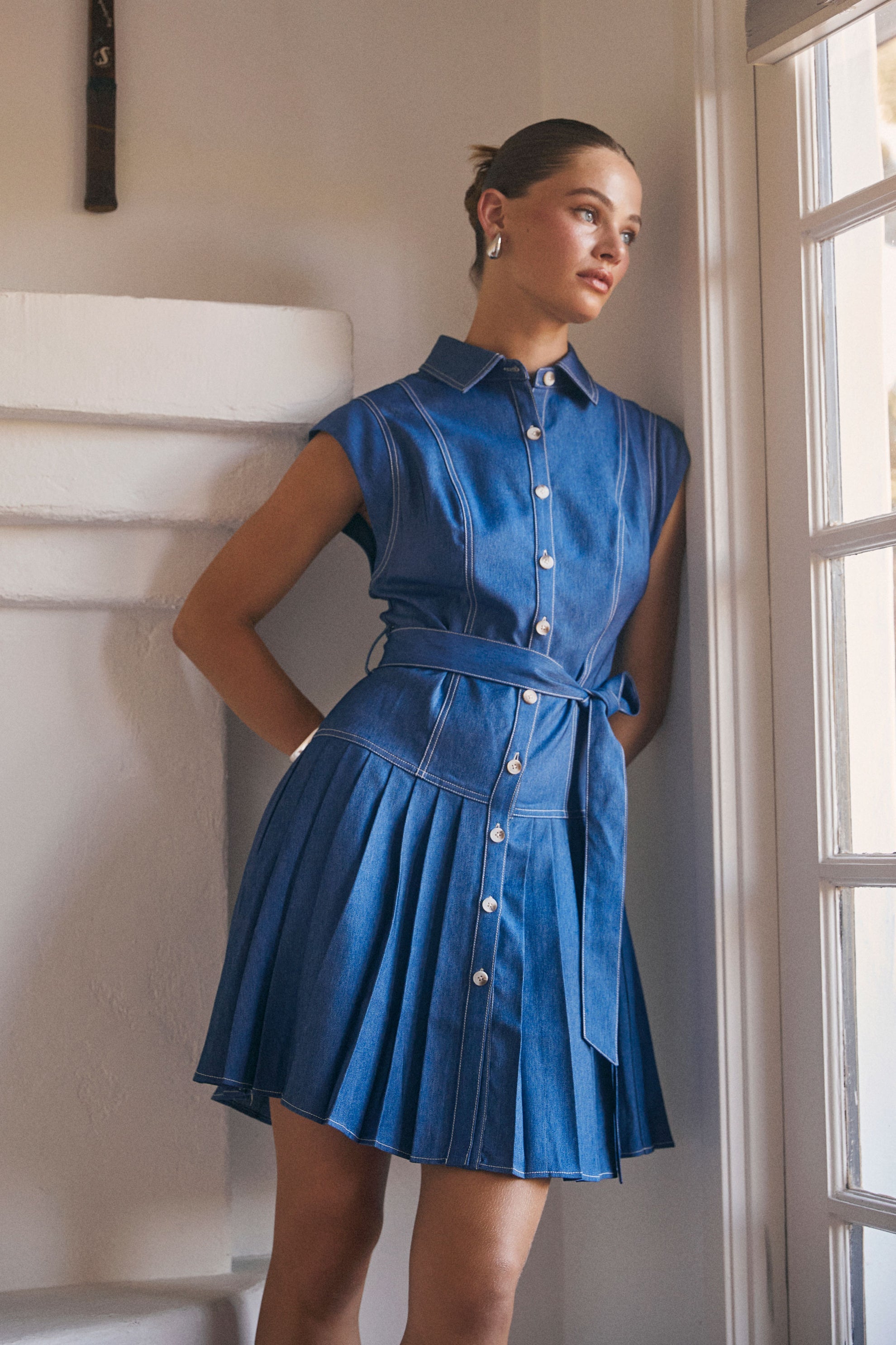 Pleated Denim Short Sleeve Dress