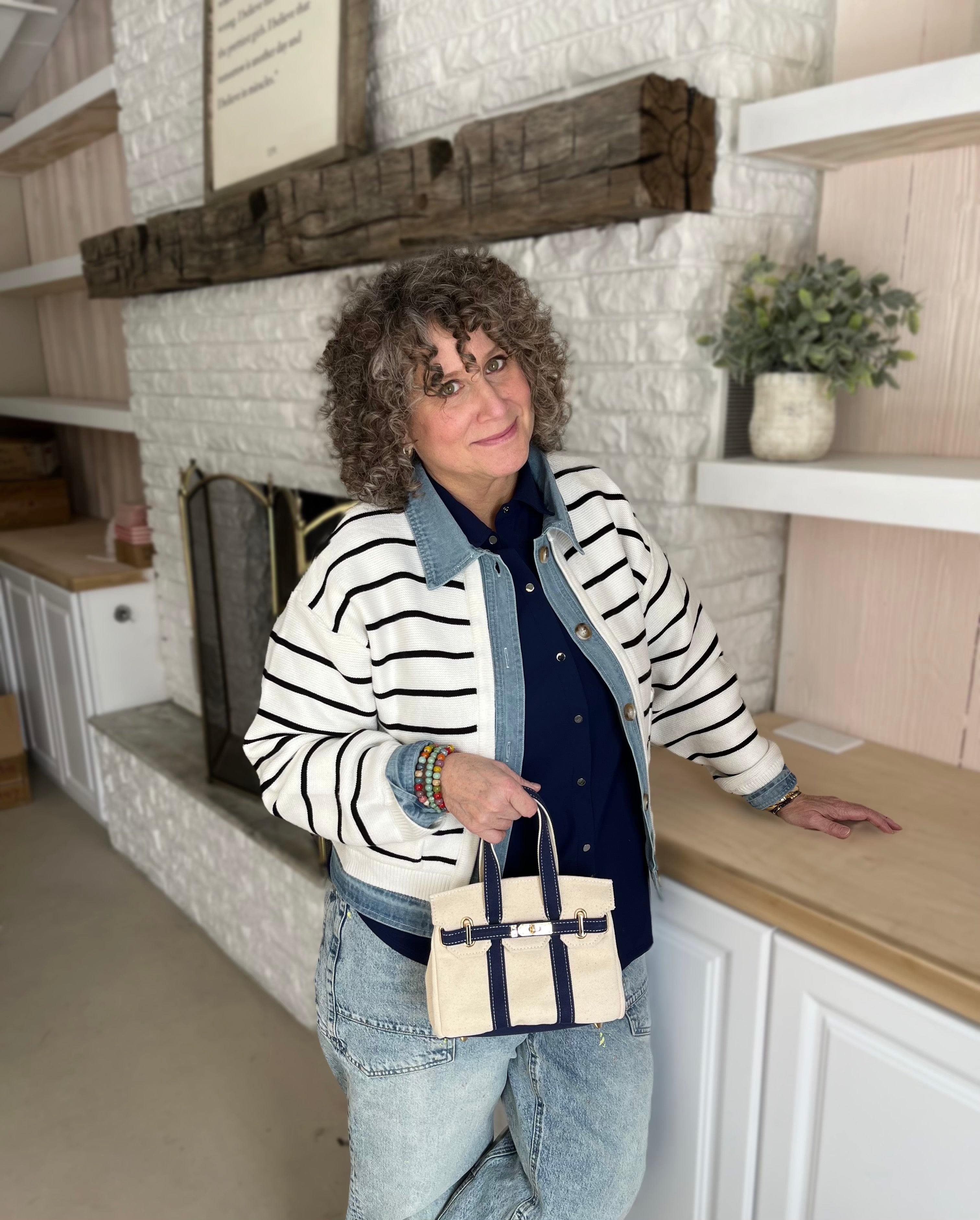 Denim Contrast Sweater Cardigan - Ivory