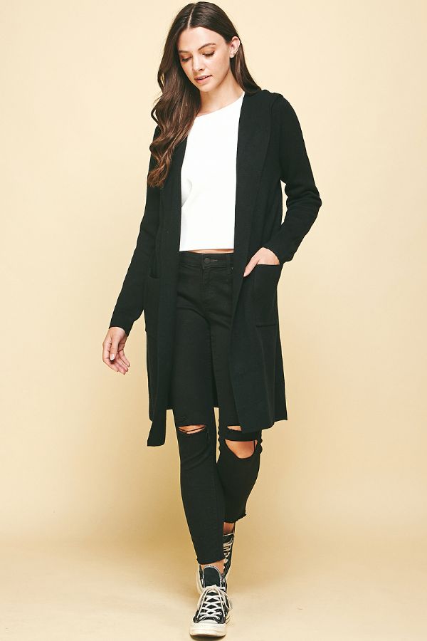 Hooded Long Open Front Cardigan