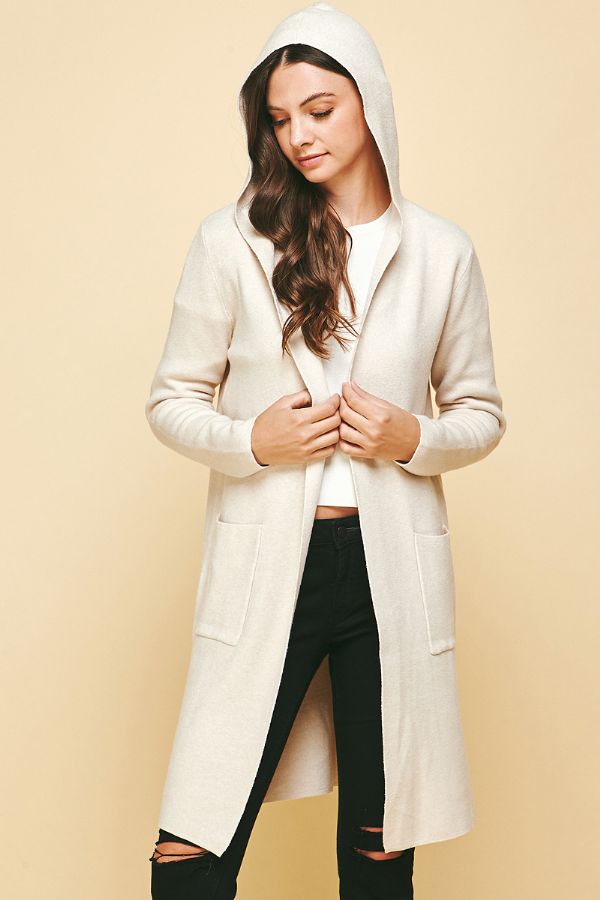 Hooded Long Open Front Cardigan