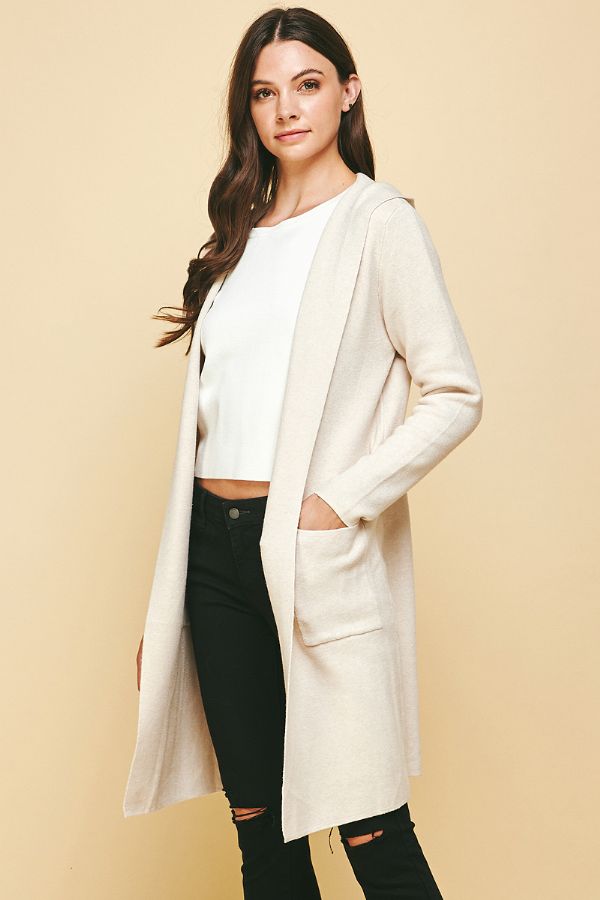 Hooded Long Open Front Cardigan