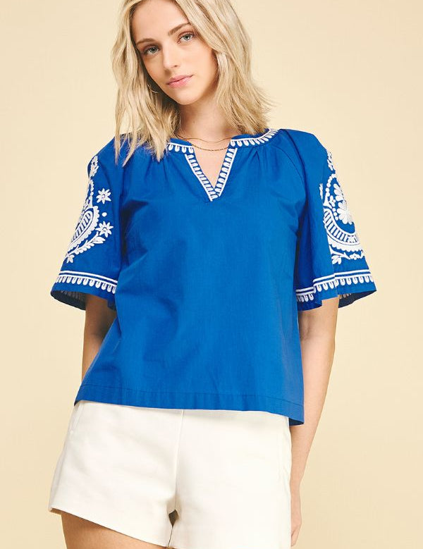 Royal Blue Boho Embroidered Blouse