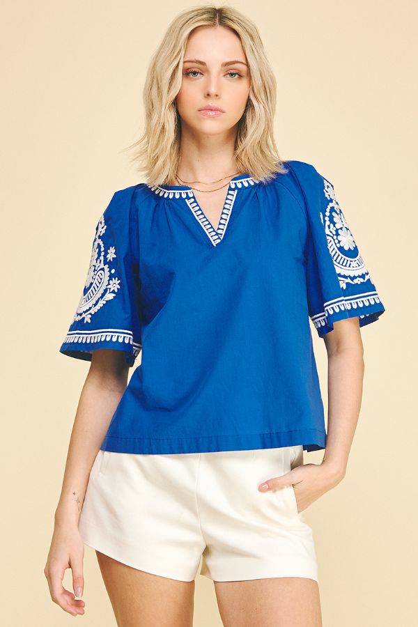 Royal Blue Boho Embroidered Blouse