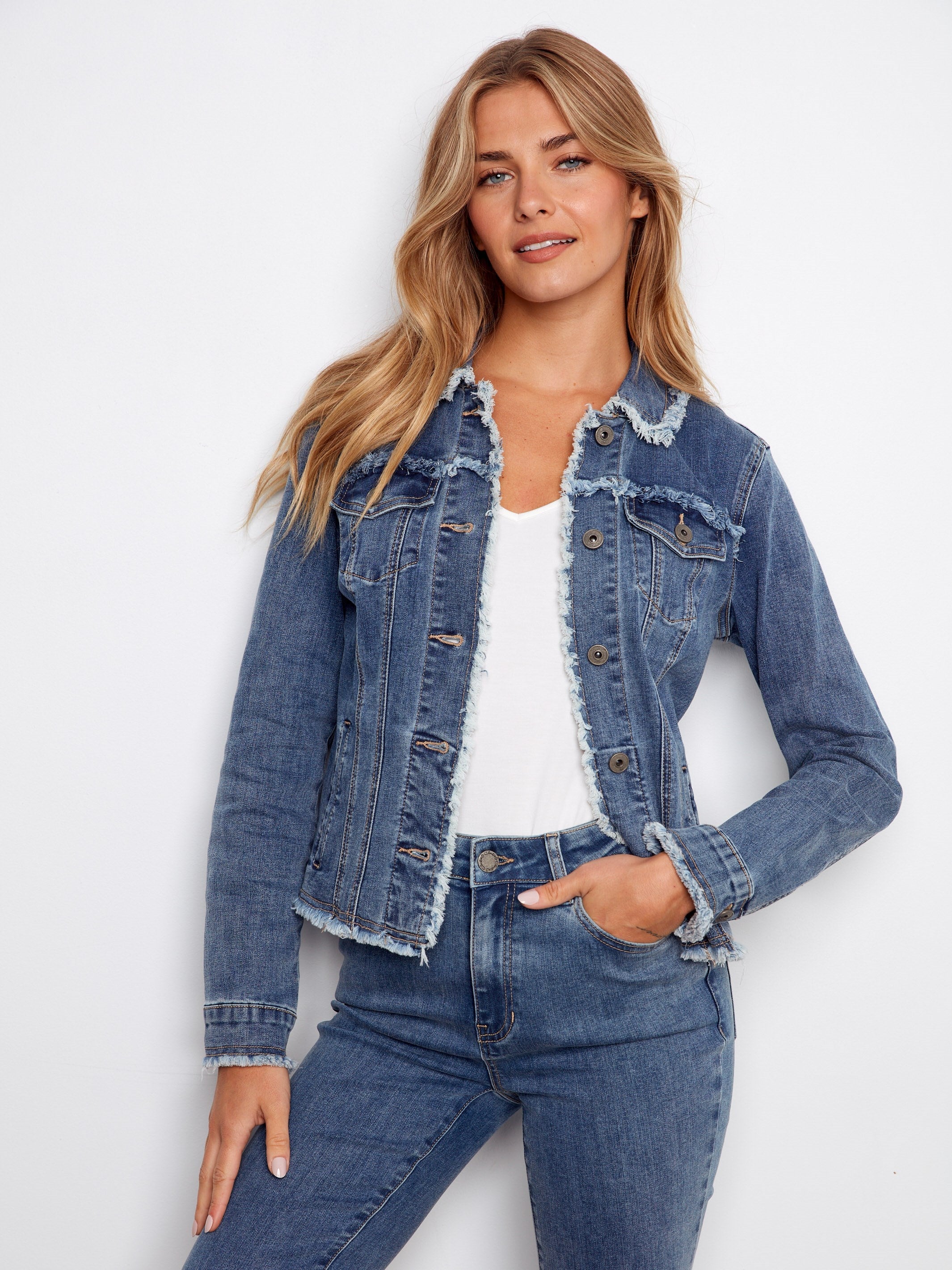 Fringe Hem Stretch Denim Jacket