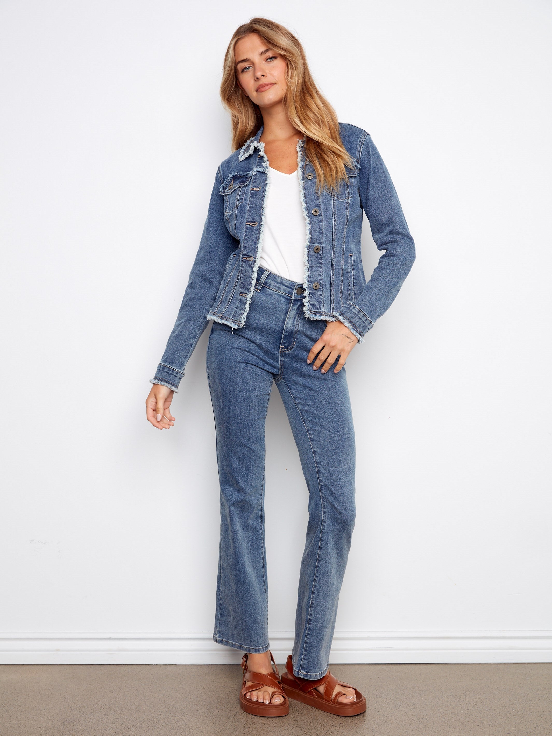 Fringe Hem Stretch Denim Jacket