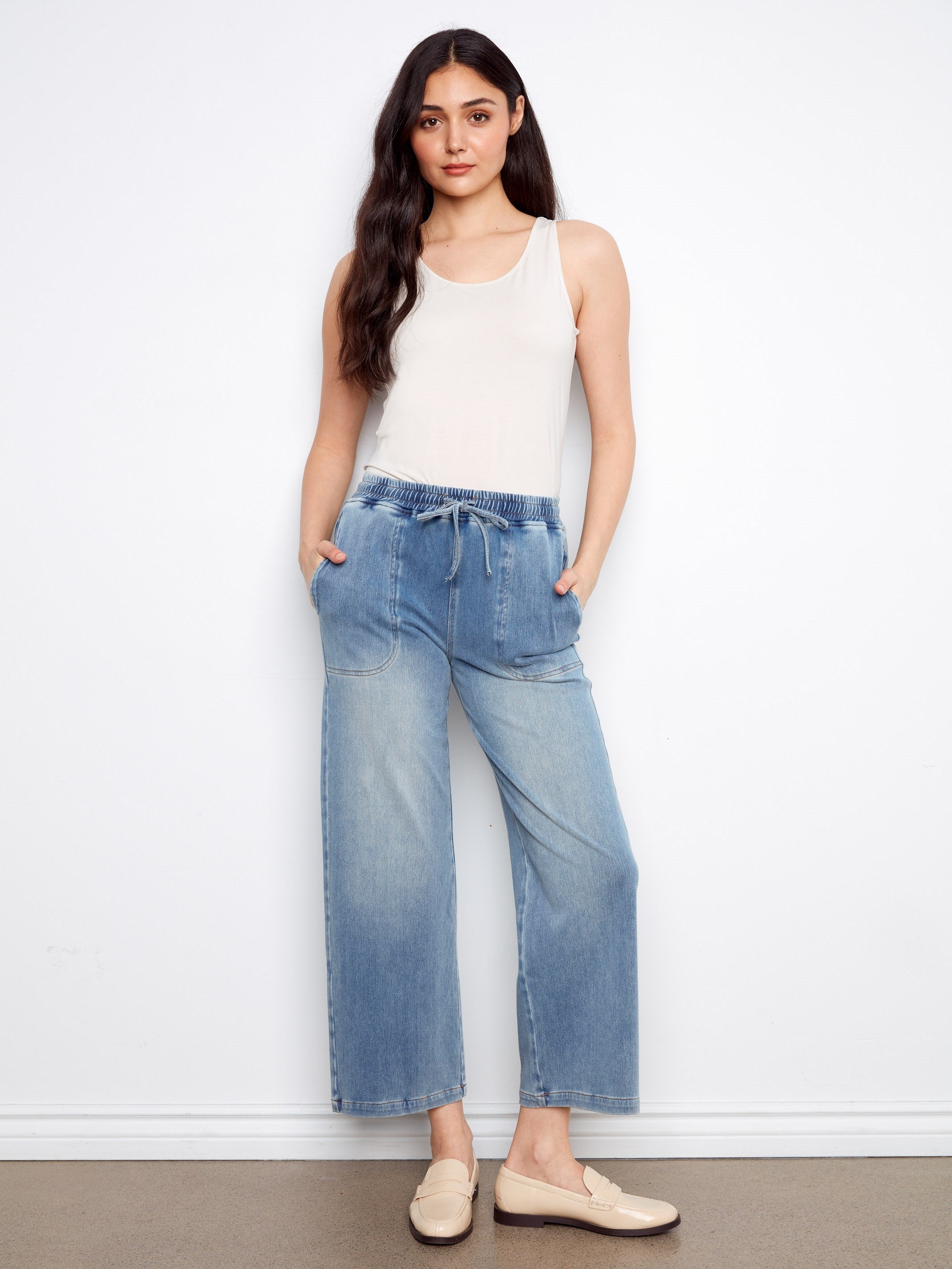 Knit Denim Wide Leg Bottoms