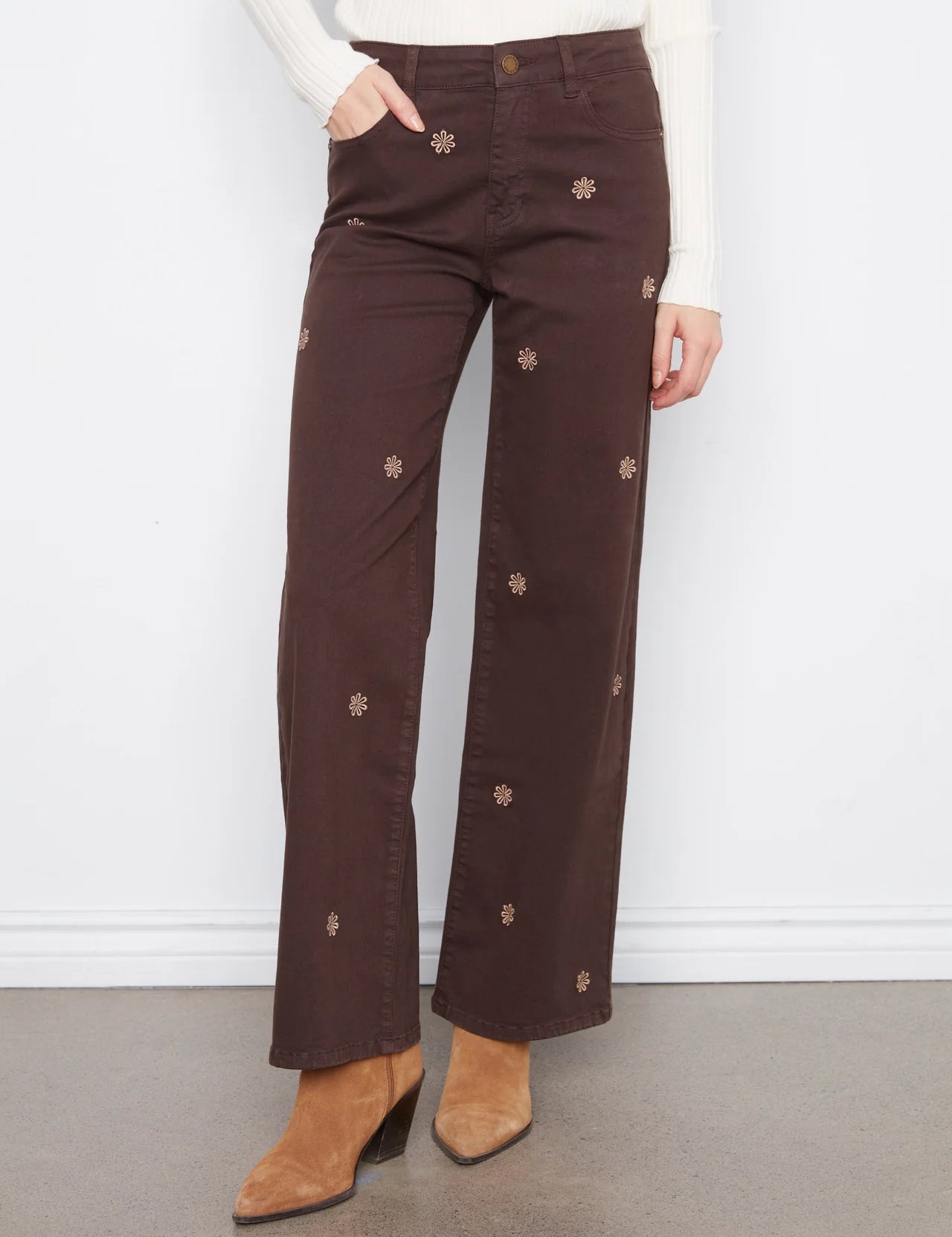 Charlie B Wide Leg Embroidered Chocolate Brown Denim