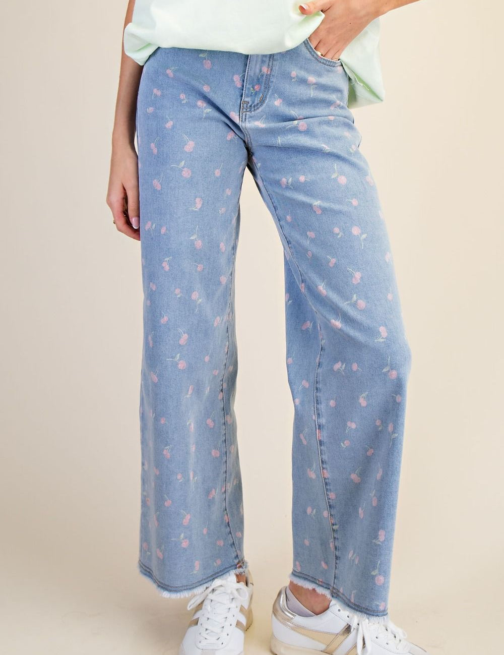 Wide Leg Cherry Print Denim - FINAL SALE