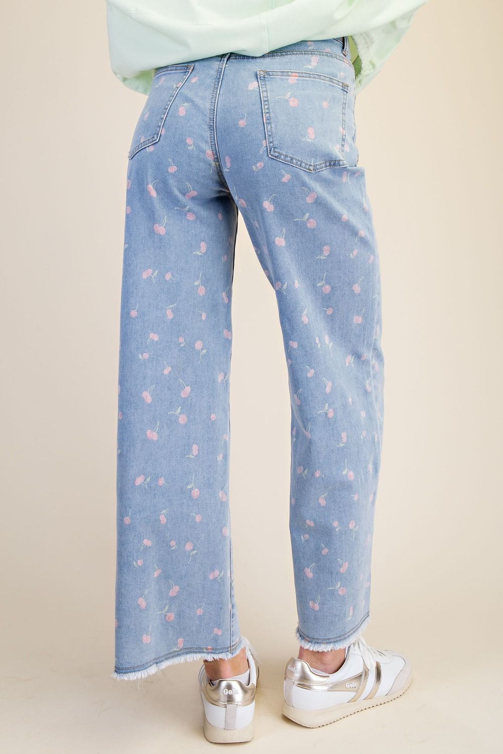 Wide Leg Cherry Print Denim