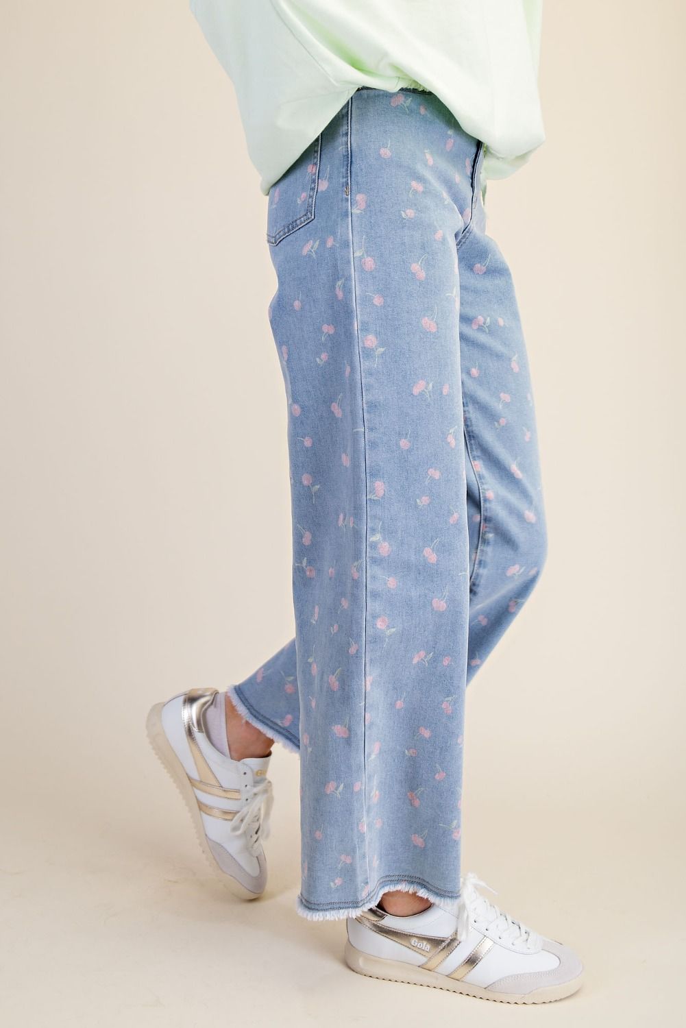 Wide Leg Cherry Print Denim