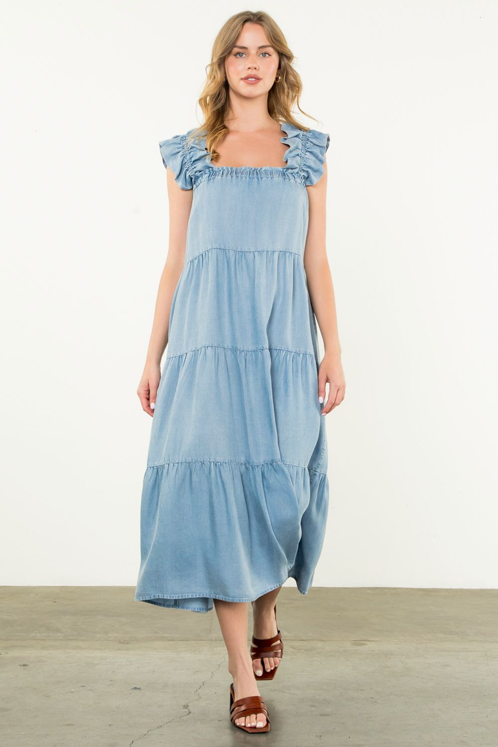 Denim Tiered Maxi Dress by THML