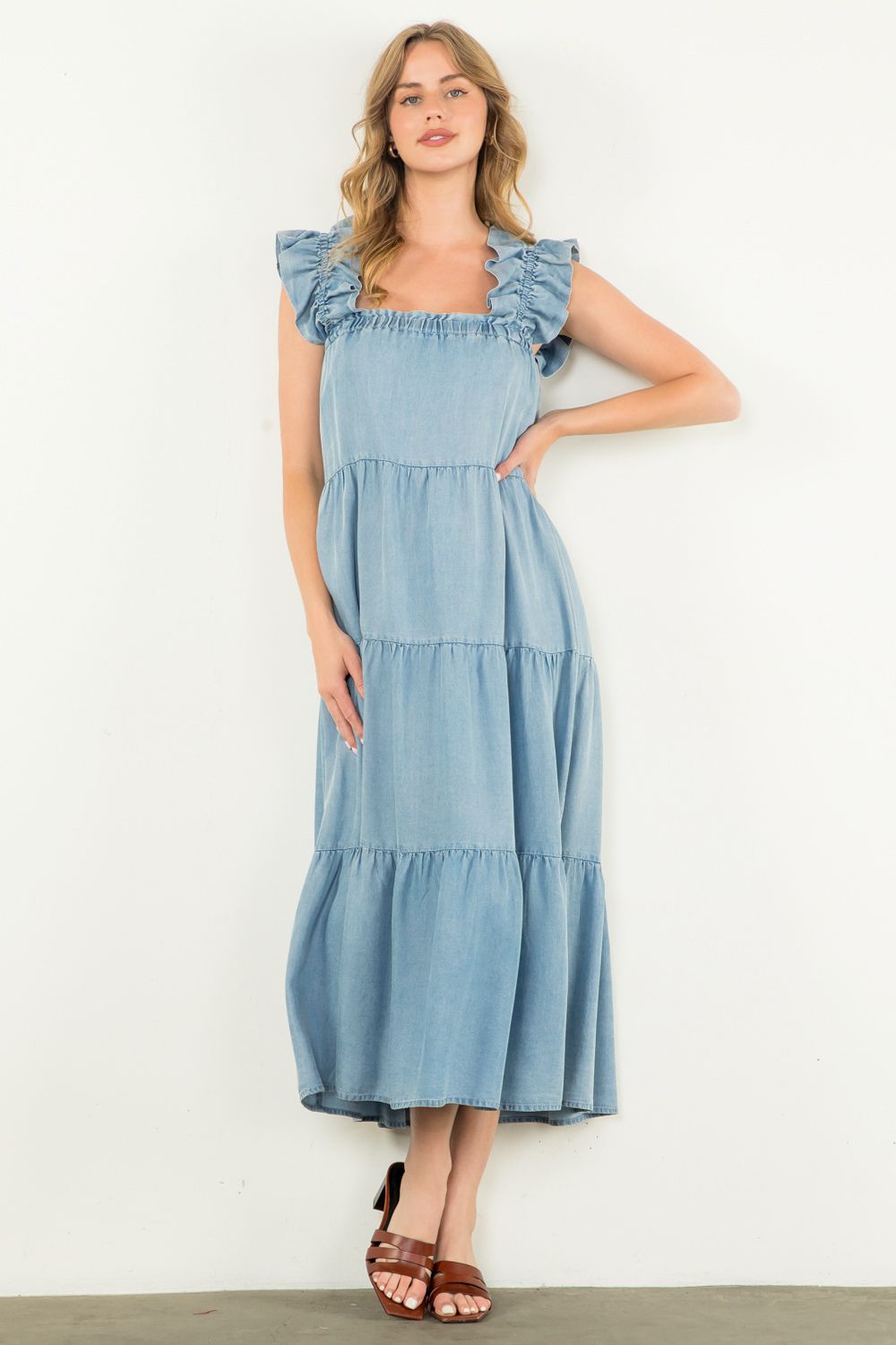 Denim Tiered Maxi Dress by THML