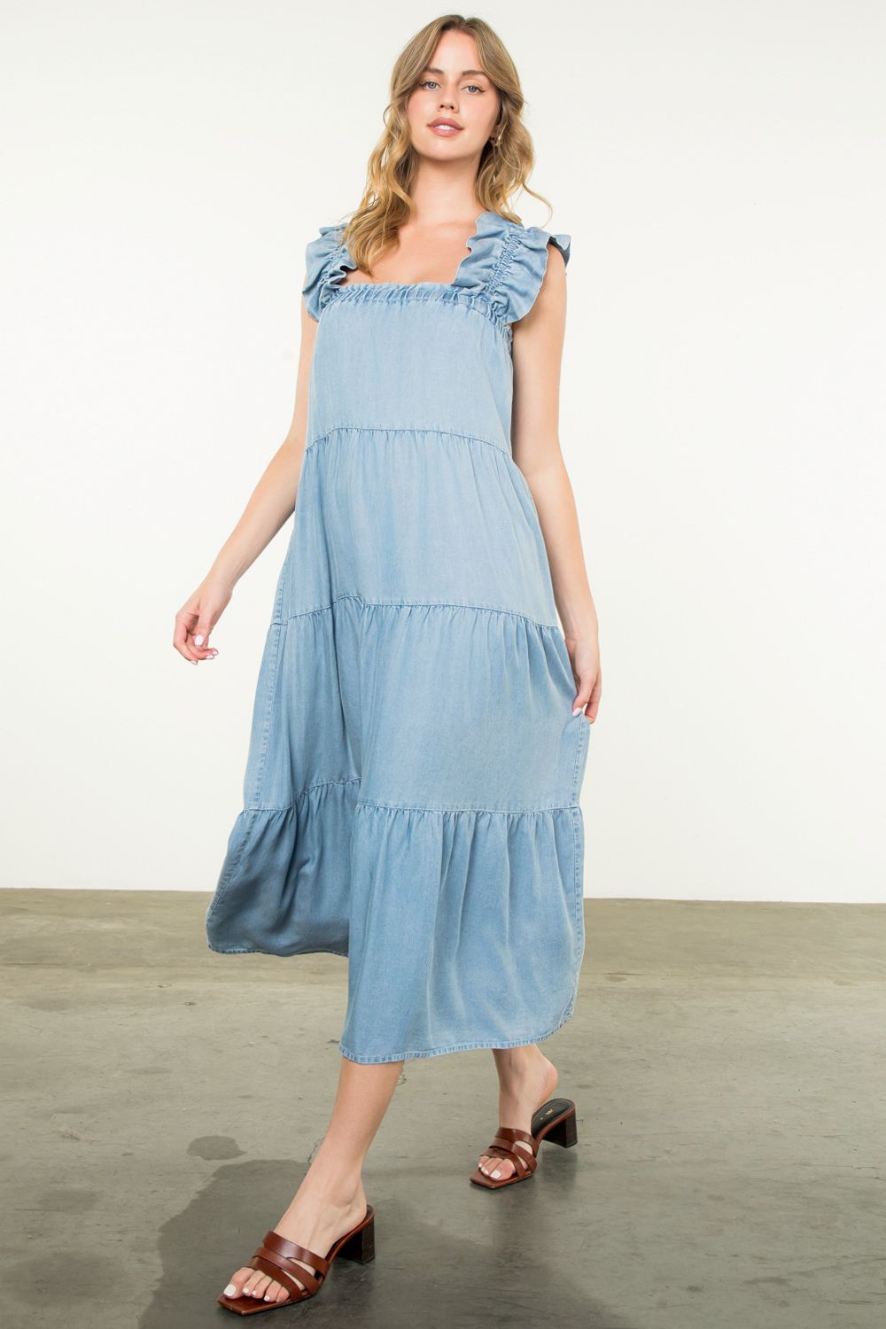 Denim Tiered Maxi Dress by THML