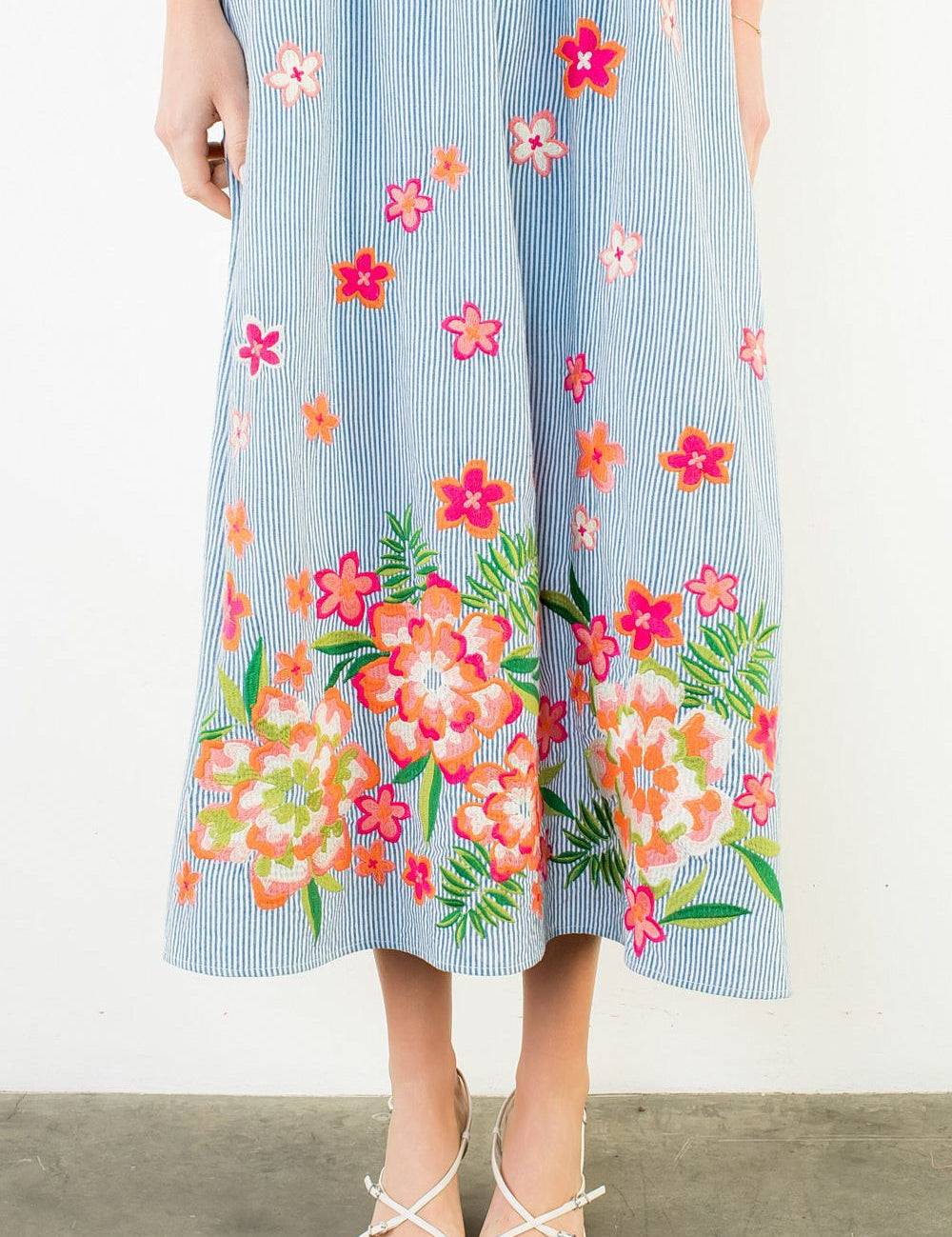 THML Floral Border Stripe Midi Dress — Blue White
