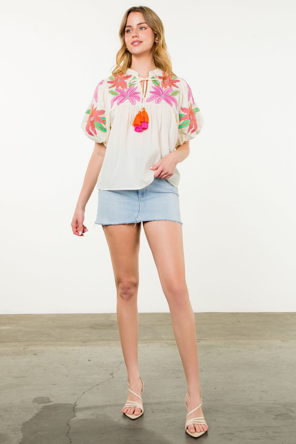 Flower Embroidered Tassel Tie Top
