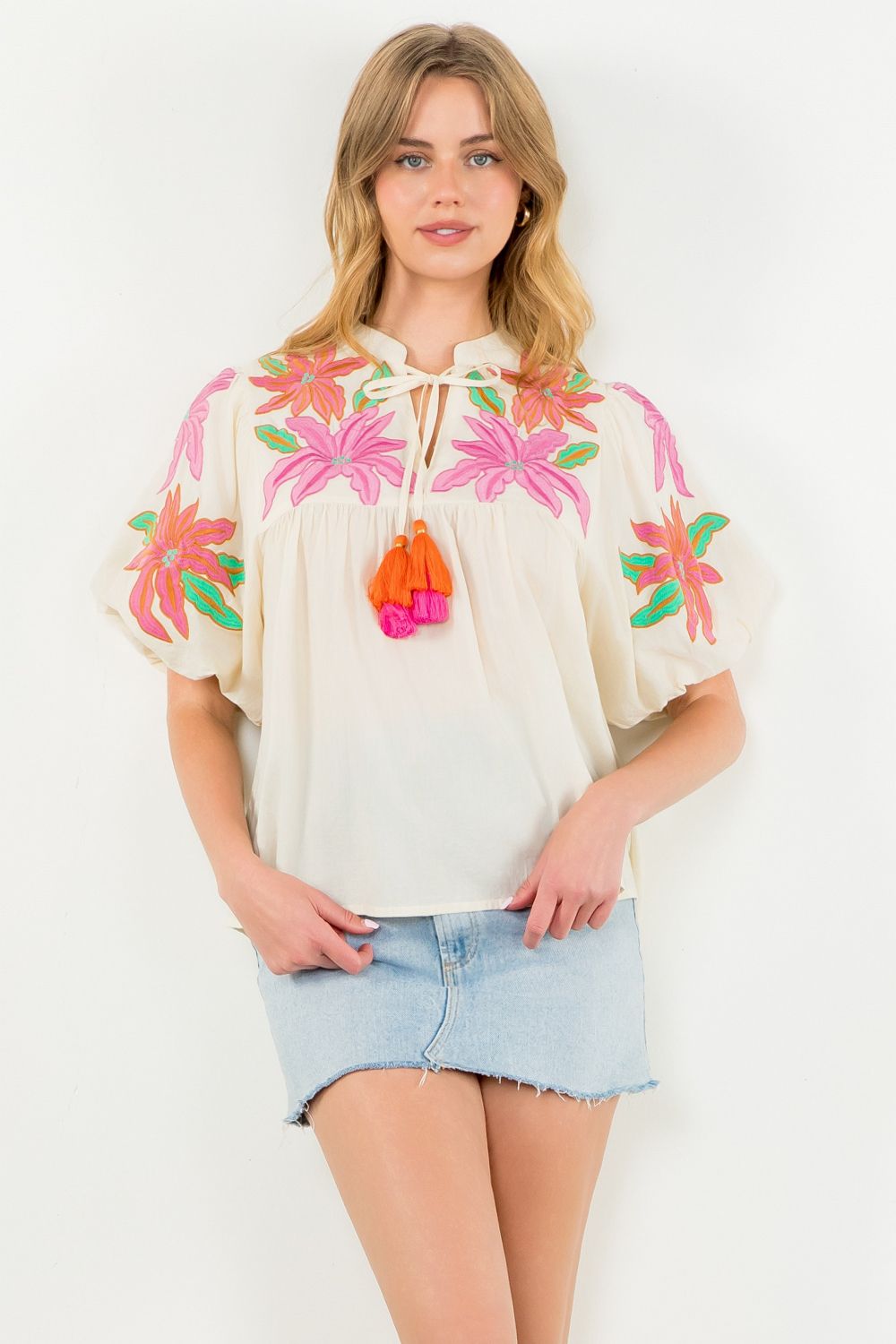 Flower Embroidered Tassel Tie Top
