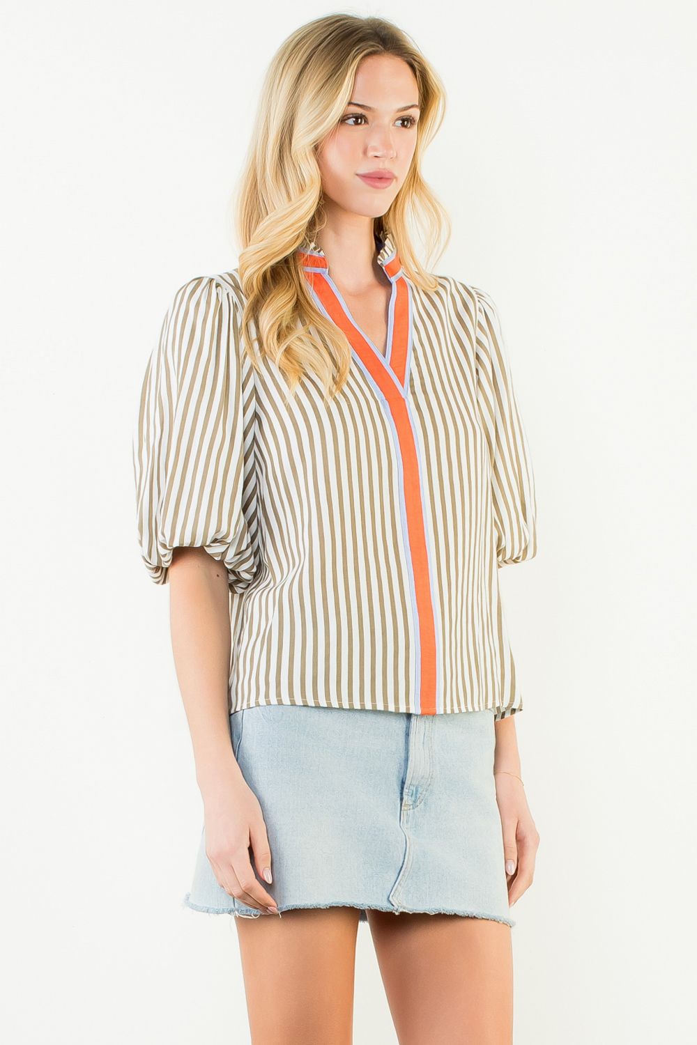 Erin Striped Puff Sleeve Blouse by THML